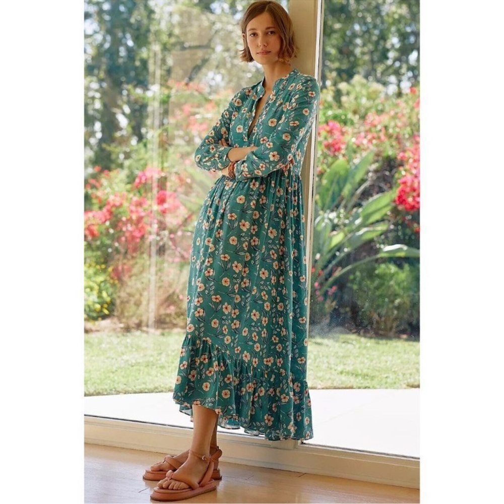NWOT ANTHROPOLOGIE X MARE MARE Sz XS LYNDA MAXI DRESS FLORAL PRINTED GREEN